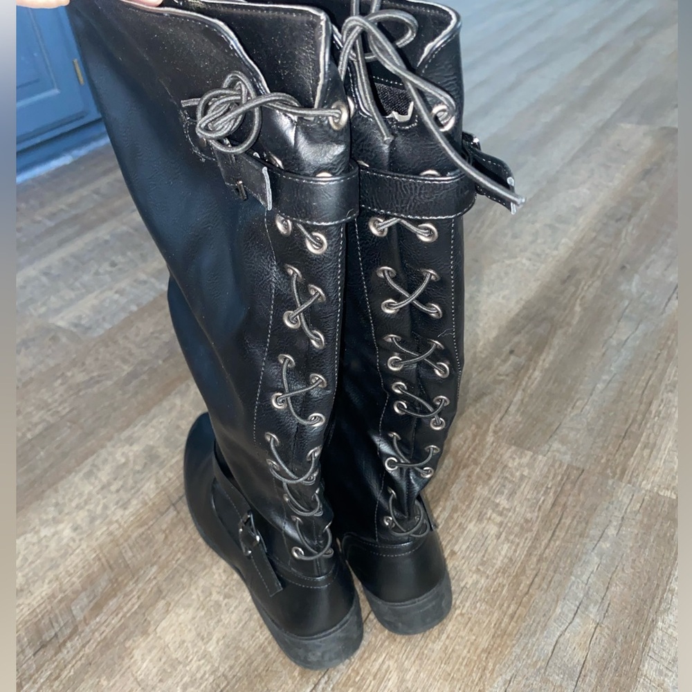 Wanted Lady Luck Decorative Lace-up Back Knee High Riding Boot - Vegan Leather - Picture 8 of 11